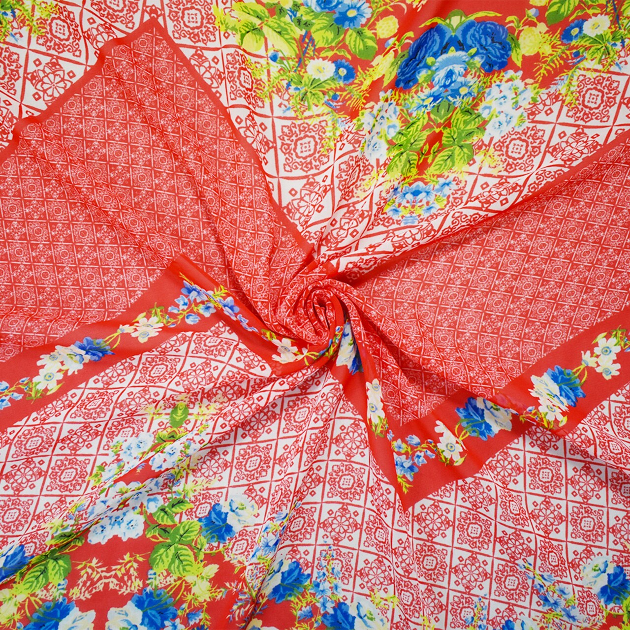Orange-Blue-Multi Poly Floral Border Printed Chiffon Woven Fabric By the Yard